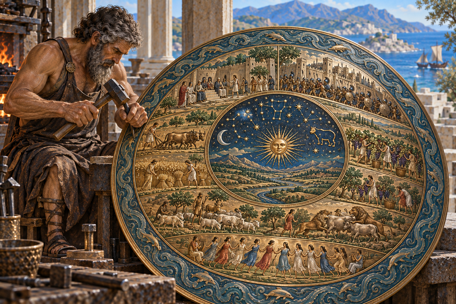 The World on Achilles' Shield — Hephaestus at Work